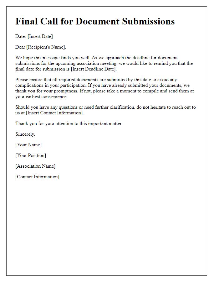 Letter template of final call for association document submissions