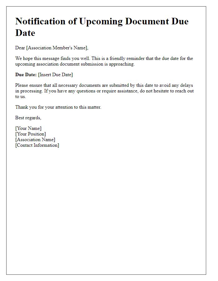 Letter template of notification of upcoming association document due date