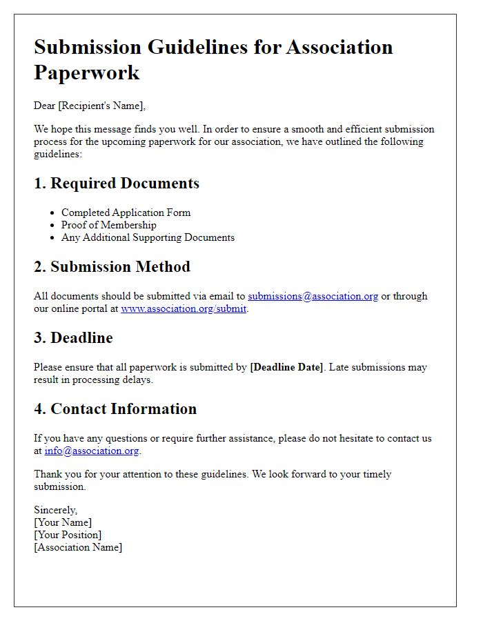 Letter template of submission guidelines for association paperwork