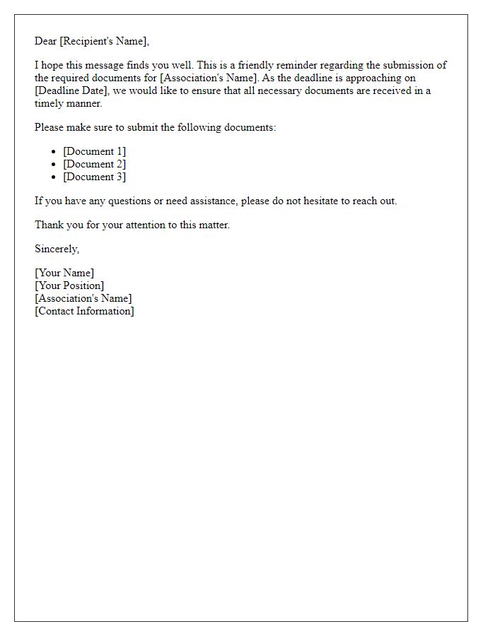 Letter template of submission reminder for association documents