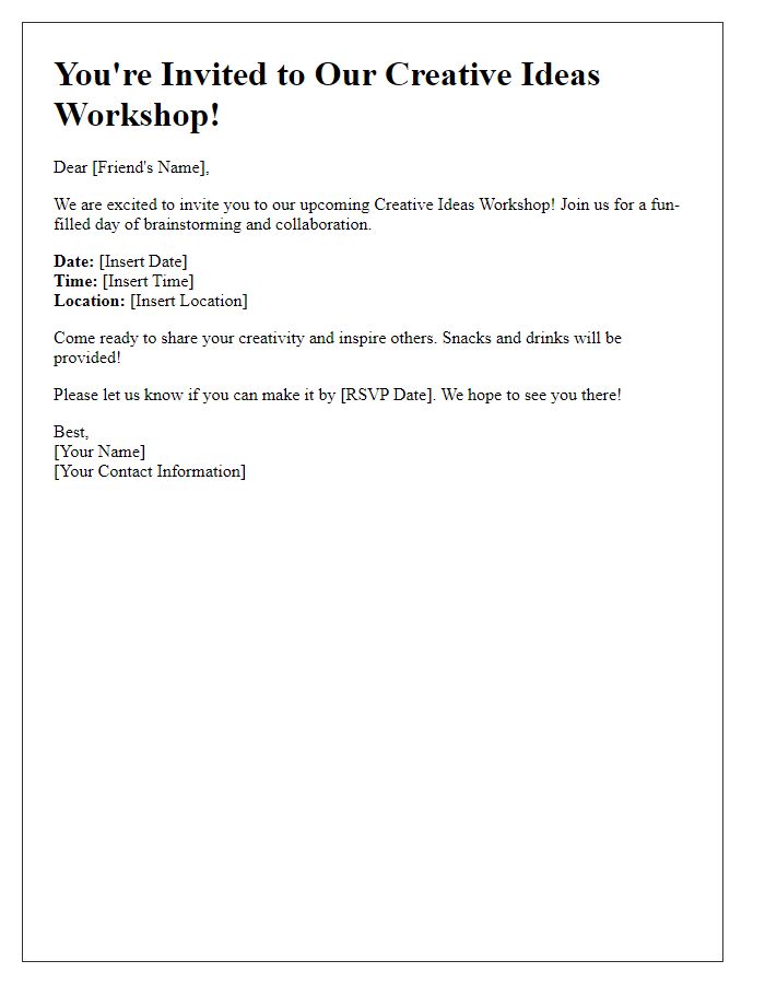 Letter template of friendly invite to our creative ideas workshop.