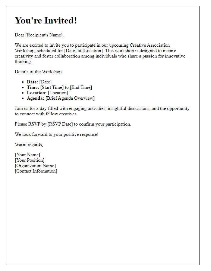 Letter template of invitation to participate in a creative association workshop.