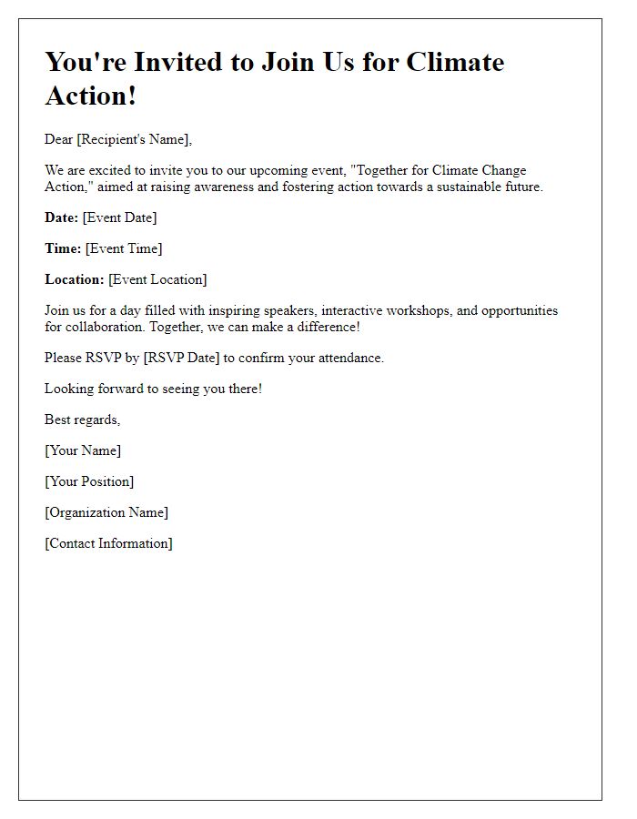 Letter template of event invitation for climate action initiative.