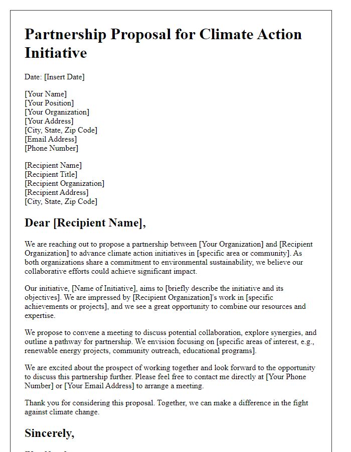 Letter template of partnership proposal for climate action initiative.