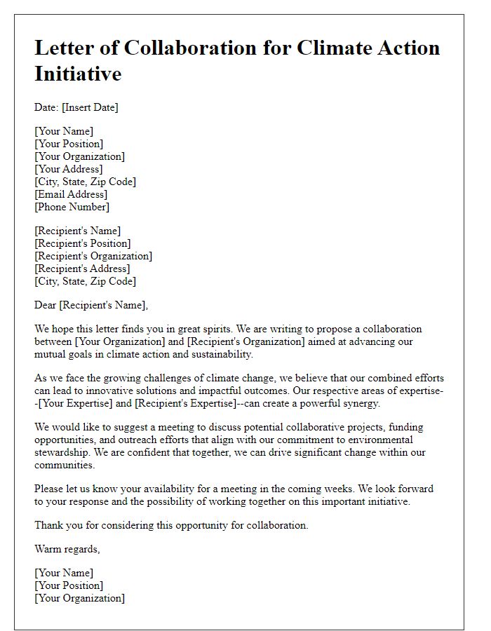 Letter template of project collaboration for climate action initiative.