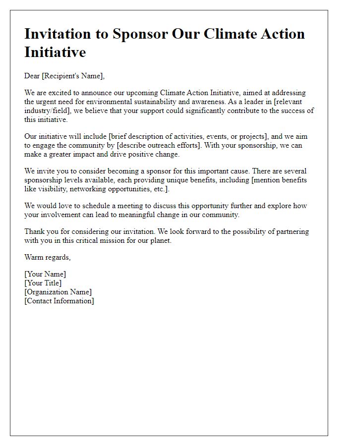 Letter template of sponsorship invitation for climate action initiative.