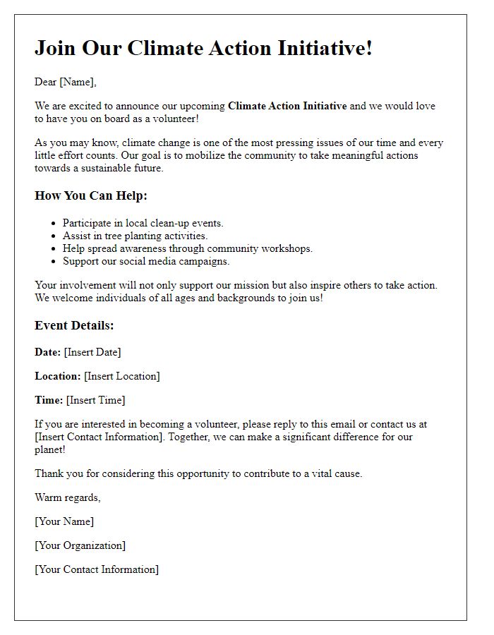 Letter template of volunteer recruitment for climate action initiative.