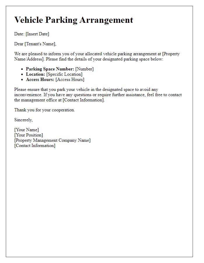 Letter template of allocated vehicle parking arrangement for tenants.