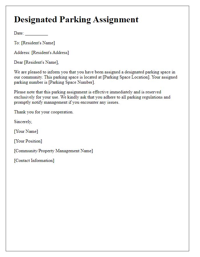 Letter template of designated parking assignment for residents.