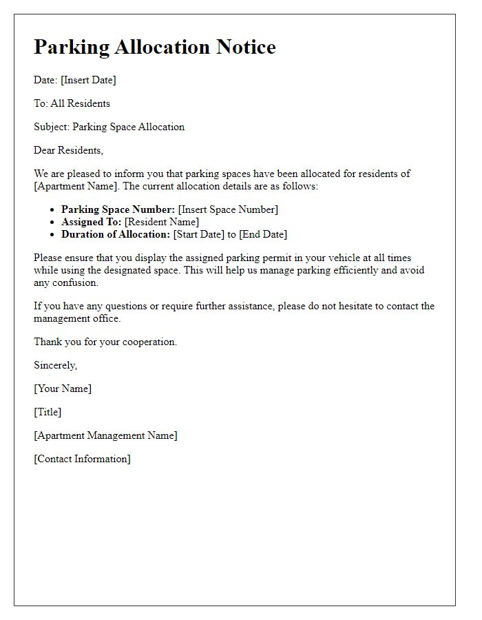 Letter template of parking allocation notice for apartment residents.