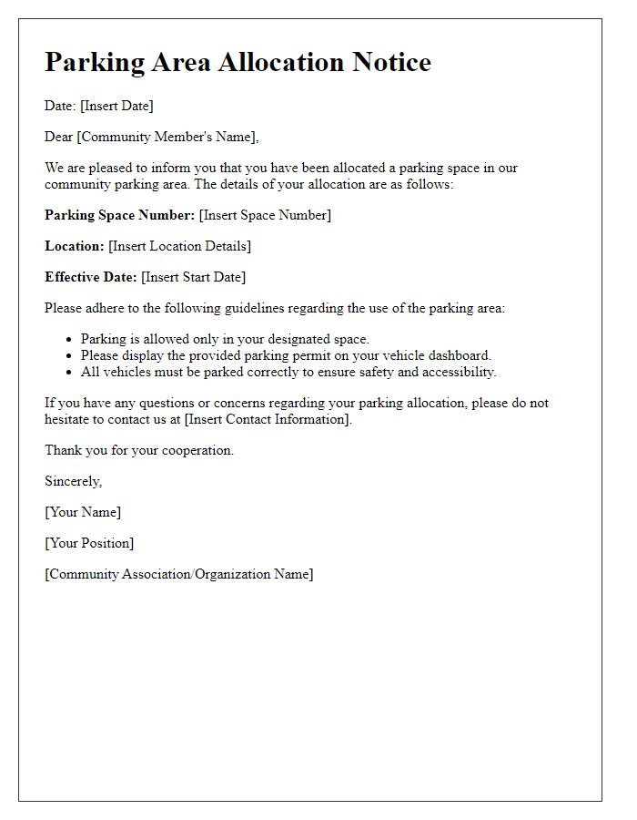 Letter template of parking area allocation for community members.