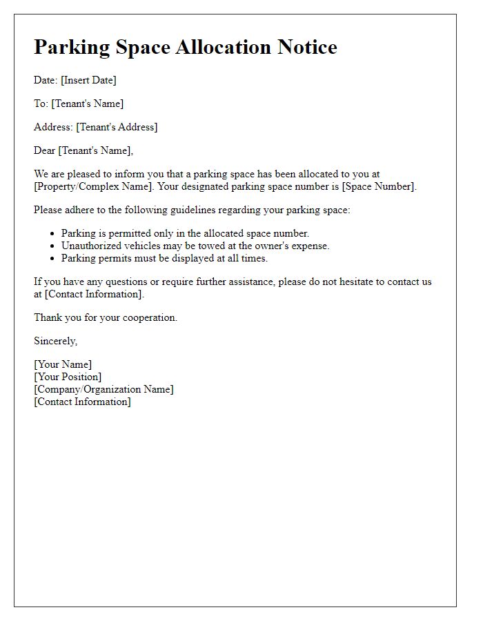 Letter template of parking space allocation for tenants.