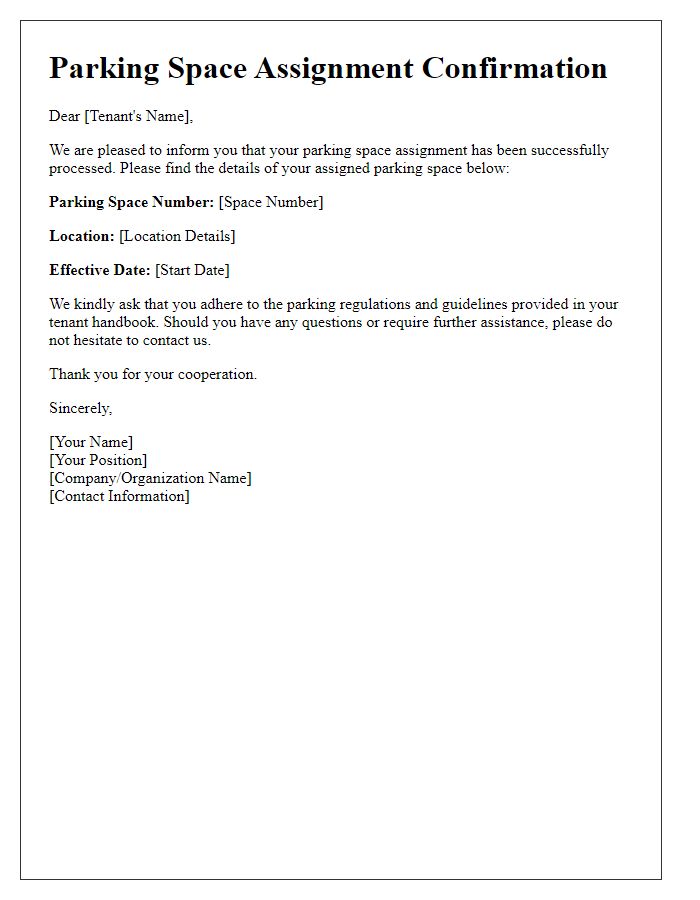 Letter template of parking space assignment confirmation for tenants.