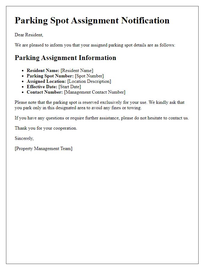 Letter template of parking spot assignment details for residents.