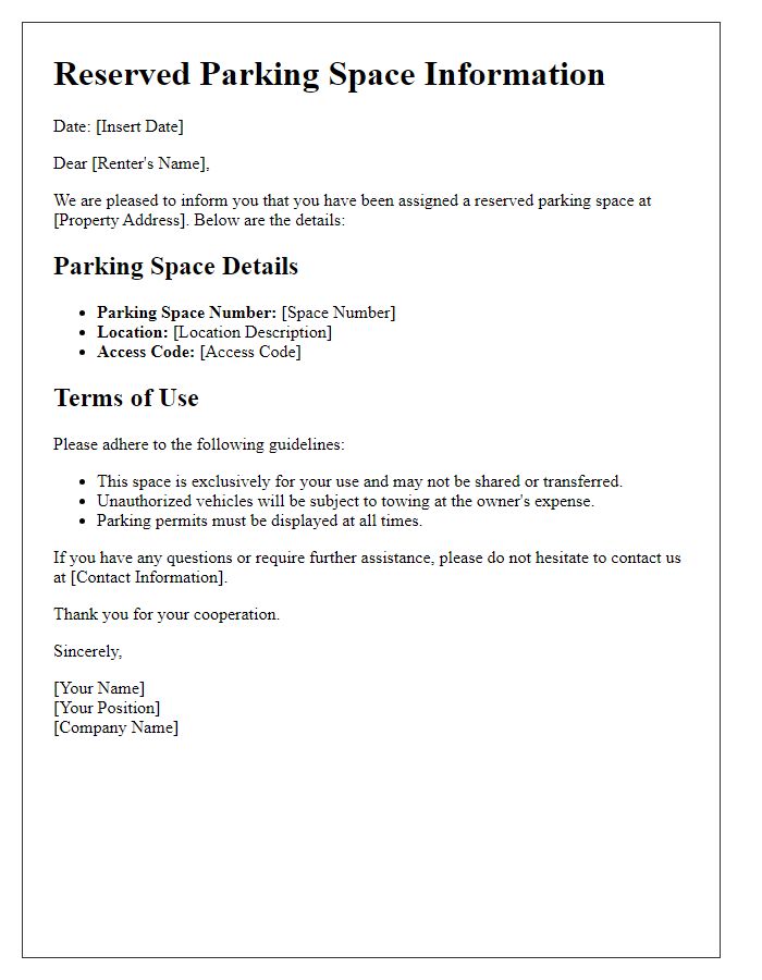 Letter template of reserved parking details for renters.