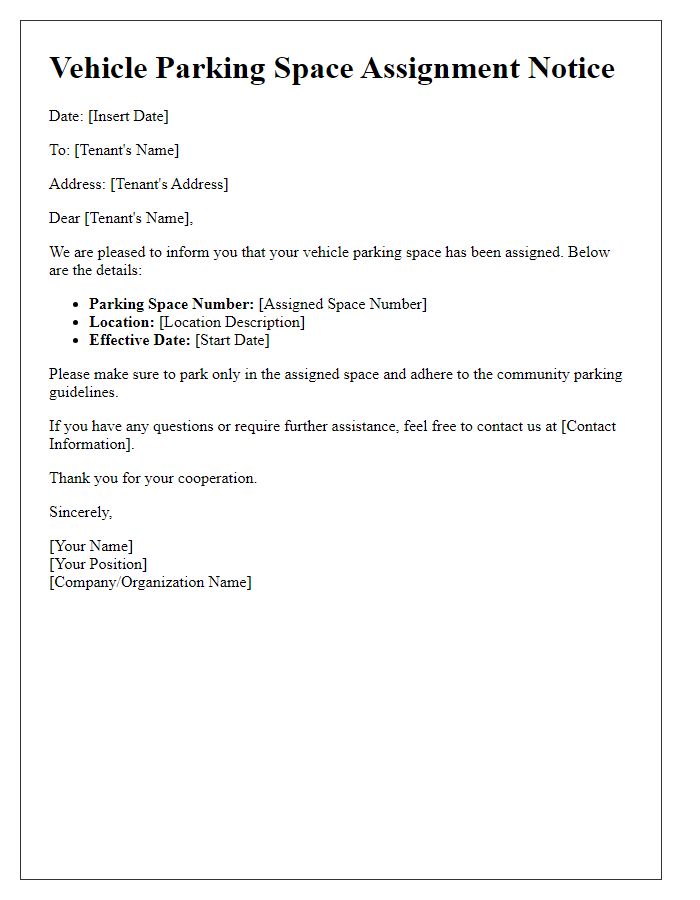 Letter template of vehicle parking space assignment for tenants.