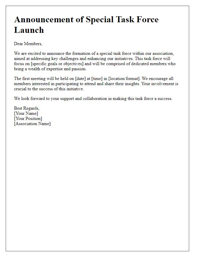 Letter template of announcement for the launch of a special task force within the association