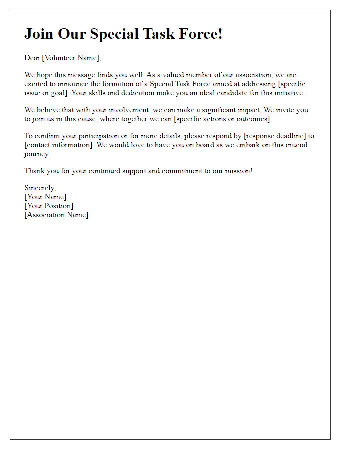 Letter template of call to action for the associations special task force volunteers