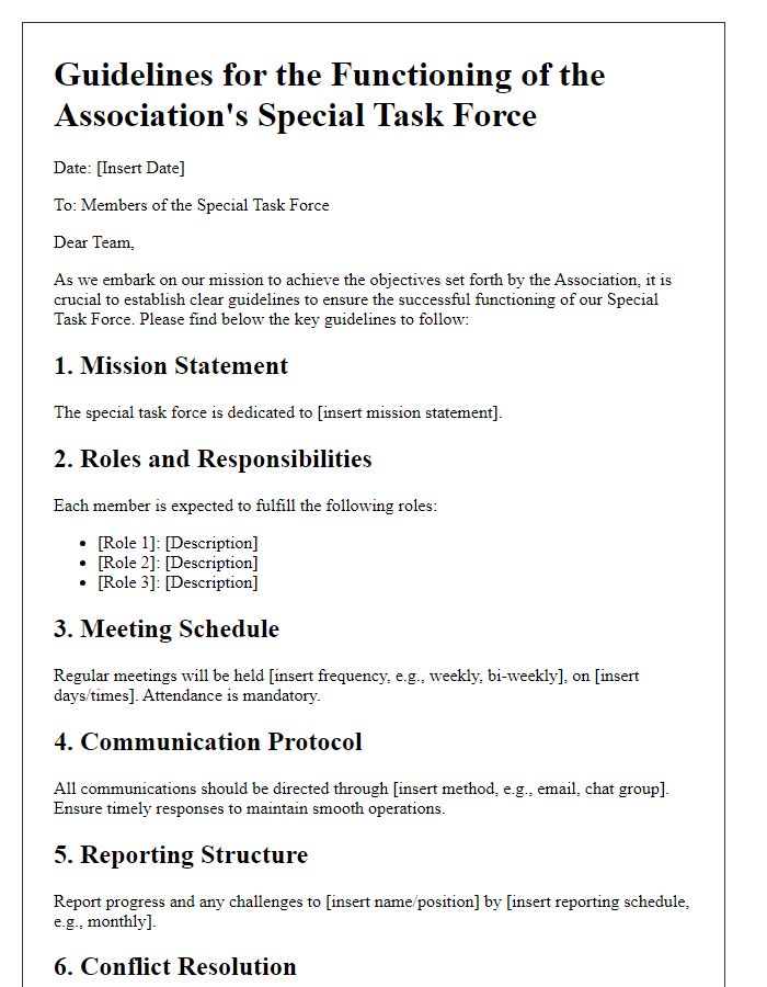 Letter template of guidelines for the functioning of the associations special task force