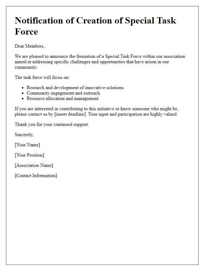 Letter template of notification regarding the creation of a special task force in the association