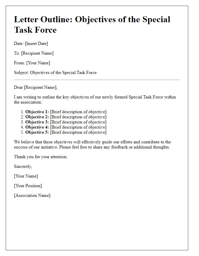 Letter template of outline for the objectives of a special task force in the association