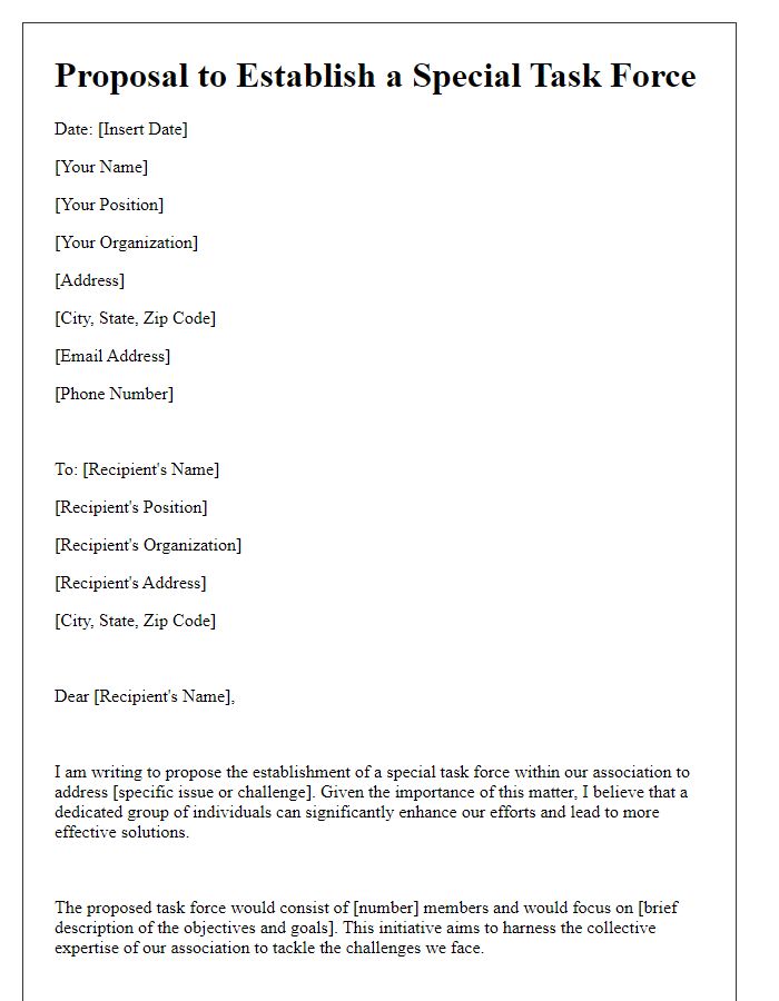 Letter template of proposal to establish a special task force within the association