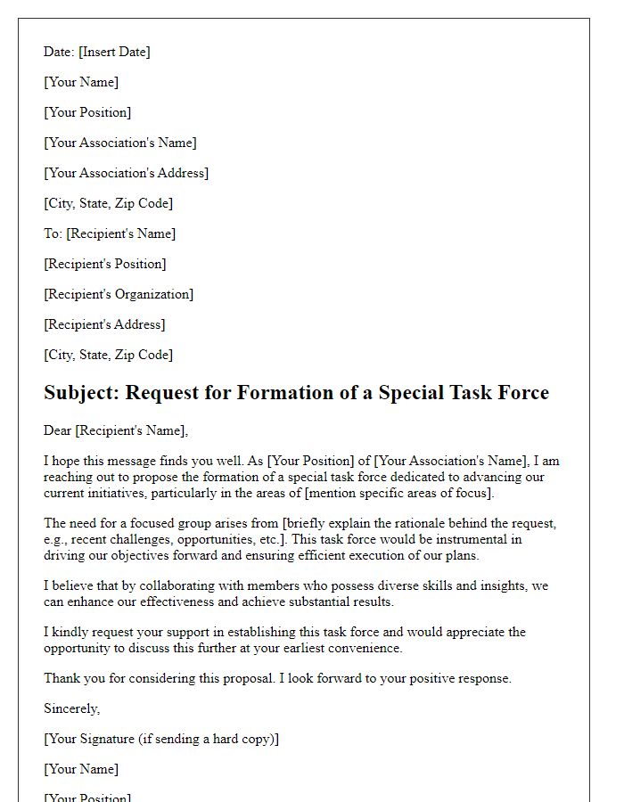 Letter template of request for forming a special task force for association initiatives