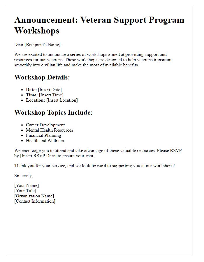 Letter template of announcement for veteran support program workshops