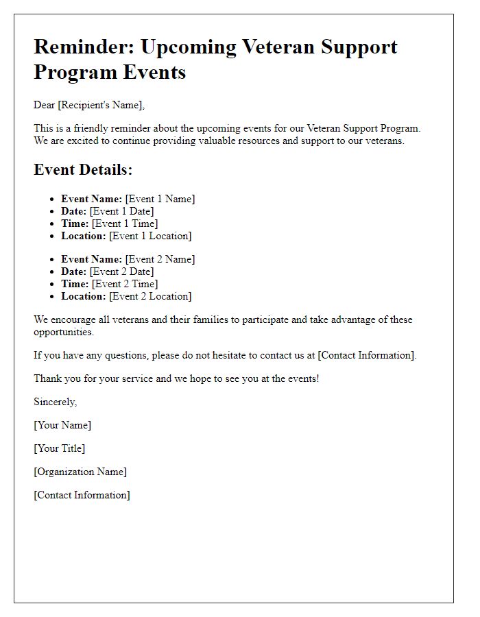 Letter template of reminder about upcoming veteran support program events