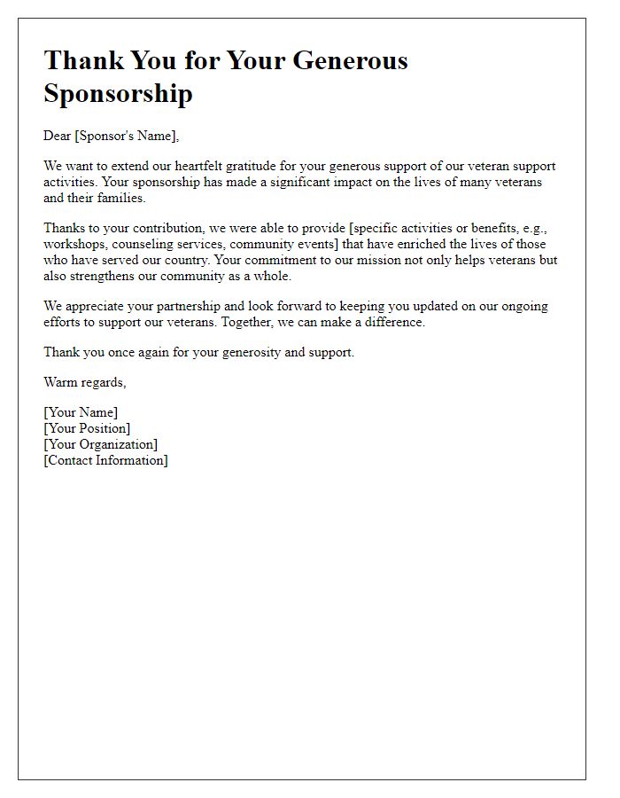 Letter template of thank you for sponsorship of veteran support activities