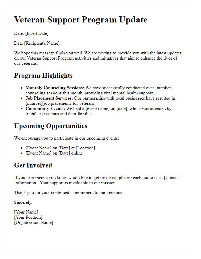 Letter template of update on veteran support program activities