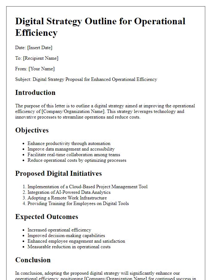 Letter template of digital strategy outline for operational efficiency