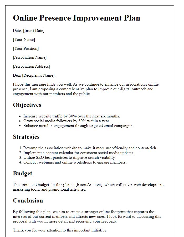 Letter template of online presence improvement plan for associations