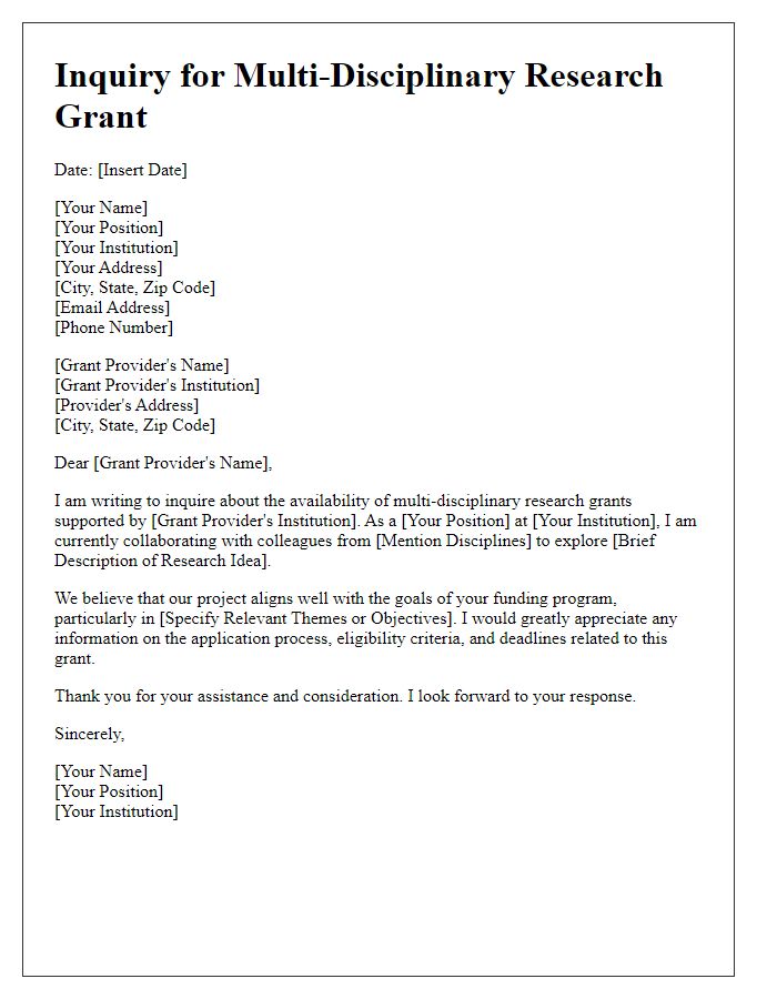 Letter template of inquiry for multi-disciplinary research grant