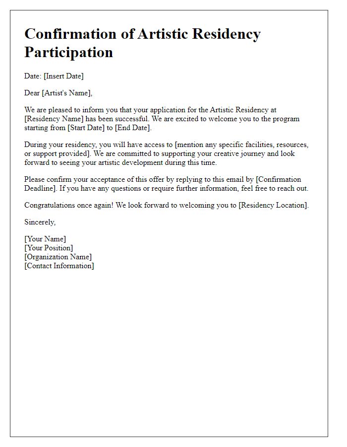 Letter template of confirmation for artistic residency participation