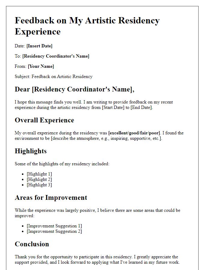 Letter template of feedback on artistic residency experience