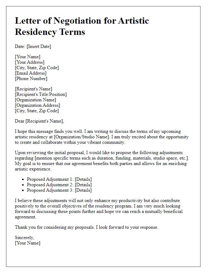 Letter template of negotiation for artistic residency terms