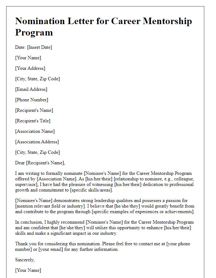 Letter template of nomination for association career mentorship program