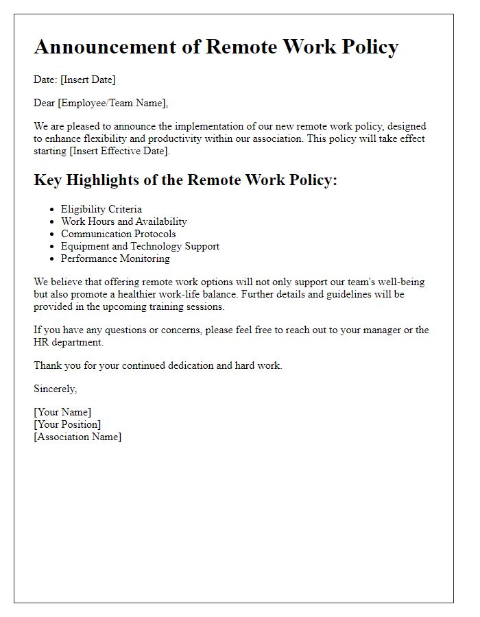 Letter template of association remote work policy announcement