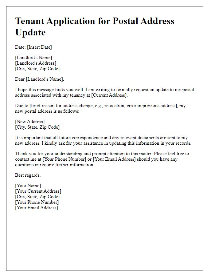 Letter template of tenant application for postal address update