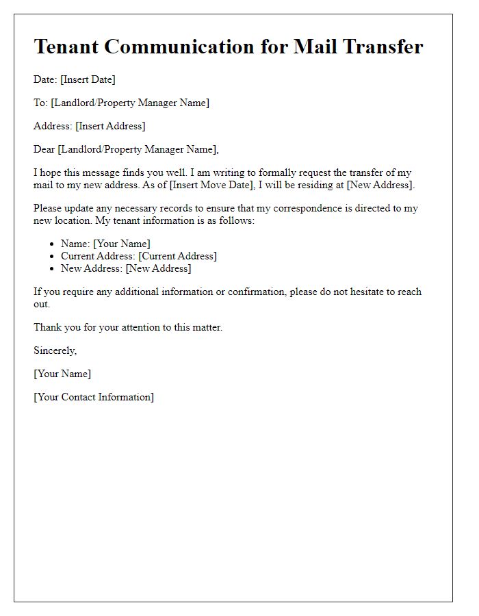 Letter template of tenant communication for mail transfer