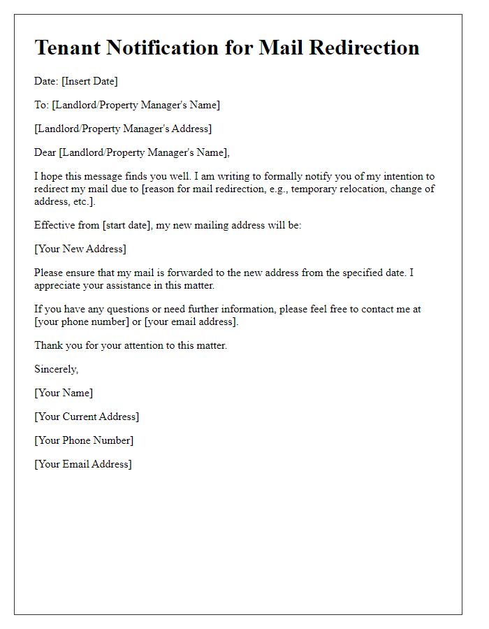 Letter template of tenant notification for mail redirection