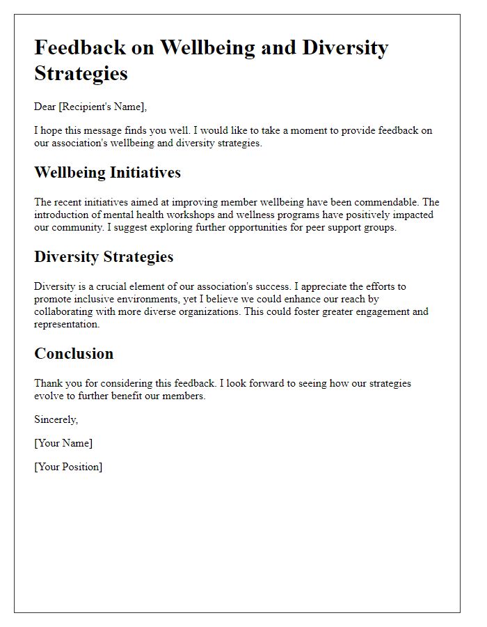 Letter template of feedback regarding association wellbeing and diversity strategies.