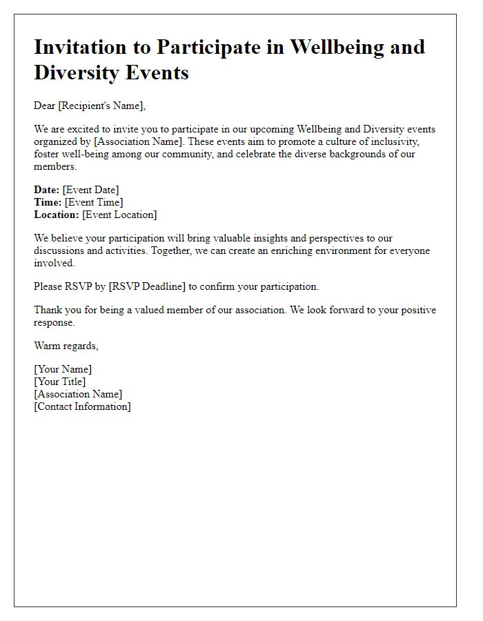 Letter template of invitation to participate in association wellbeing and diversity events.