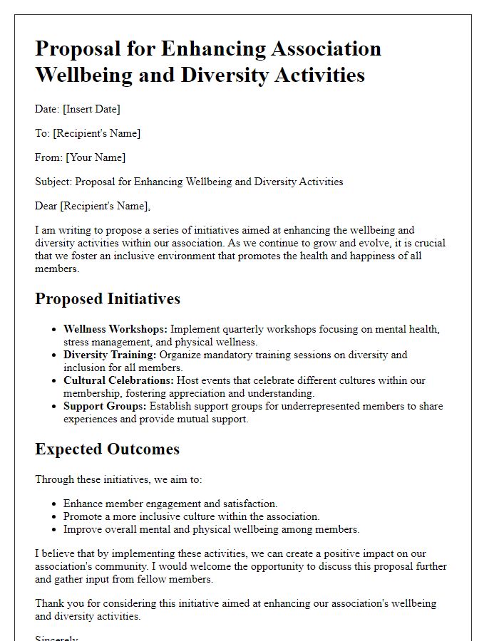 Letter template of proposal for enhancing association wellbeing and diversity activities.