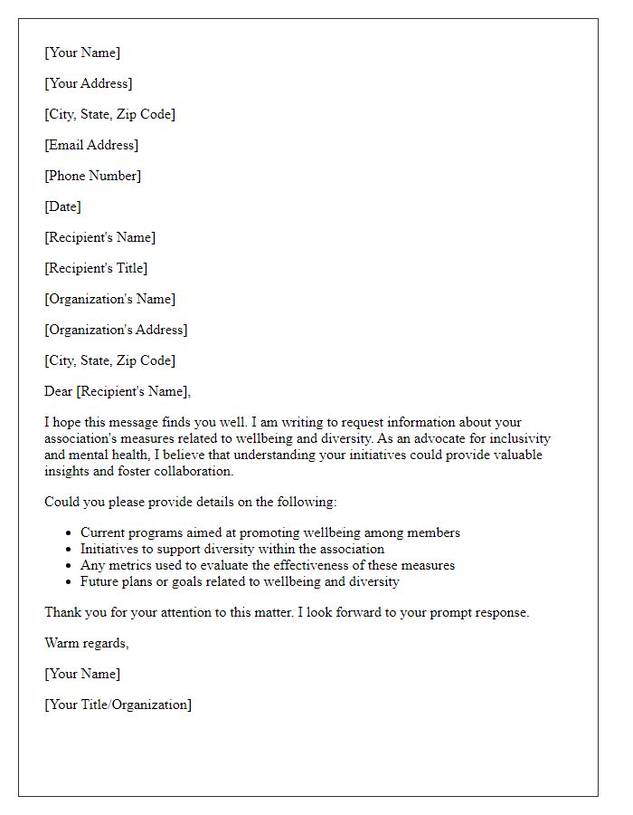 Letter template of request for information on association wellbeing and diversity measures.