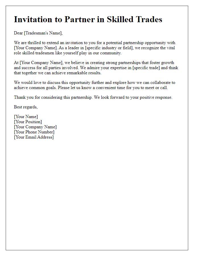 Letter template of partnership invitation for skilled tradesmen