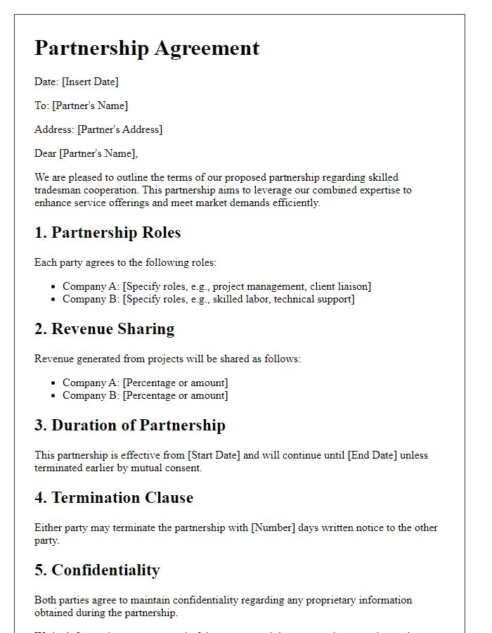 Letter template of partnership terms for skilled tradesman cooperation