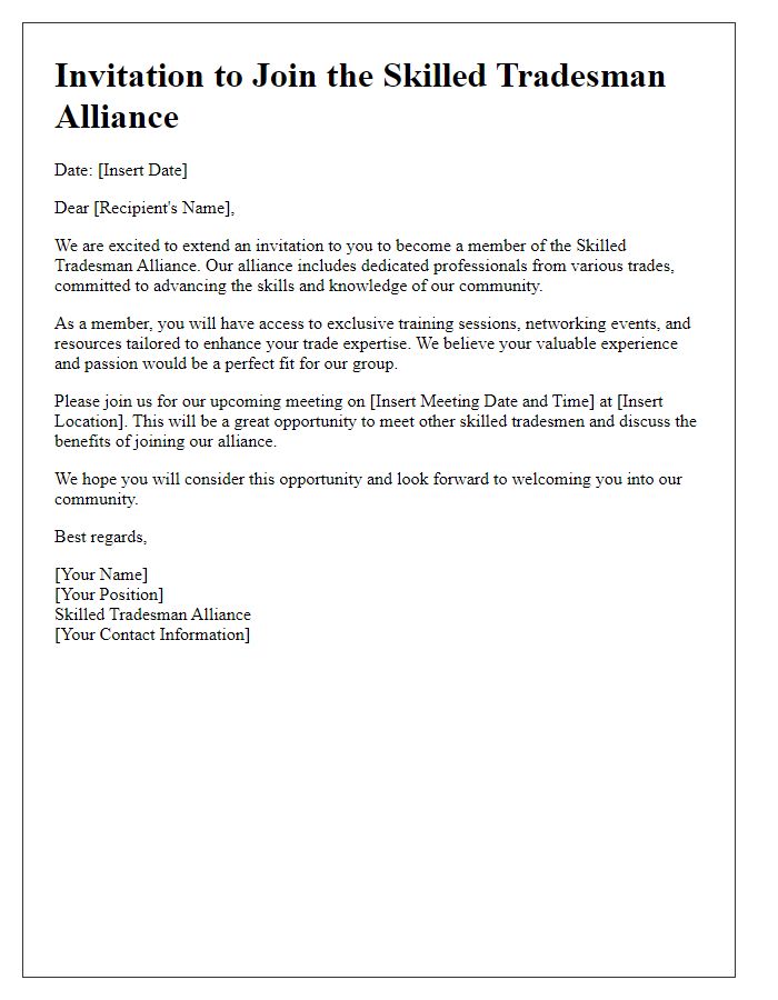 Letter template of skilled tradesman alliance invitation