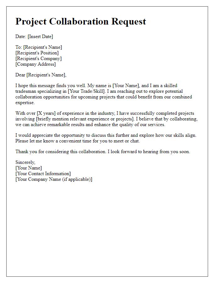 Letter template of skilled tradesman project collaboration request